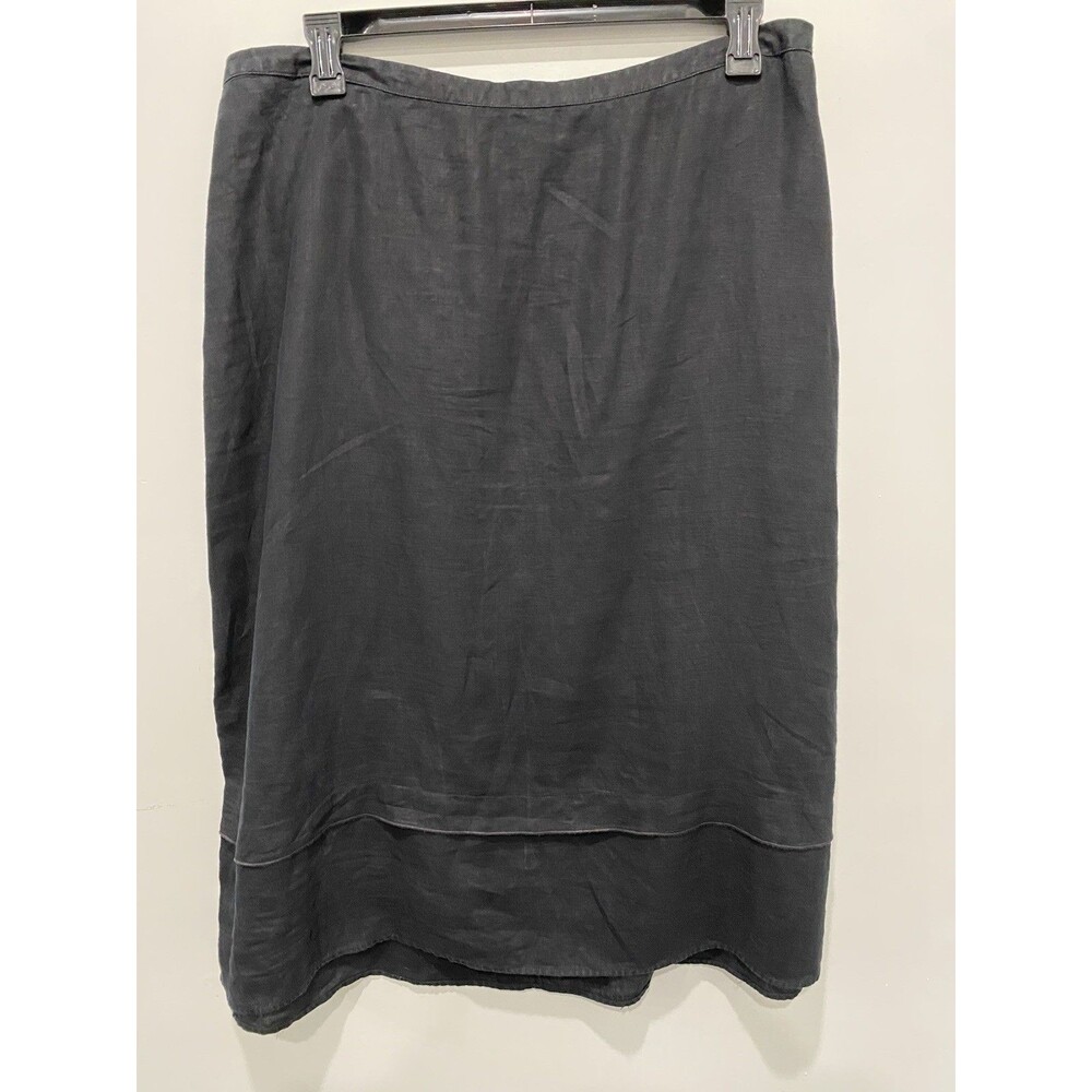 Kim Rogers 100% Linen Midi Skirt Black Sz 1X Elastic Waist Lagenlook Minimalist